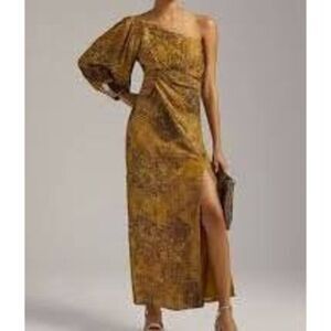 Anthropologie Nirmooha One Shoulder Metallic Maxi Gold Beaded Cuff Dress M